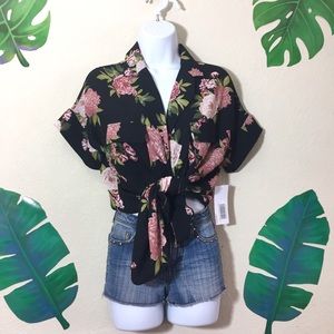 Justfab Sheer Floral Button Up Blouse